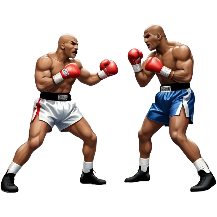 An intense boxing match between Mike Tyson and Evander Holyfield in the ring. Tyson is delivering a powerful uppercut, while Holyfield is poised for a counterattack. The background features a packed arena with bright lights and electrifying atmosphere. Transparent background emoji
