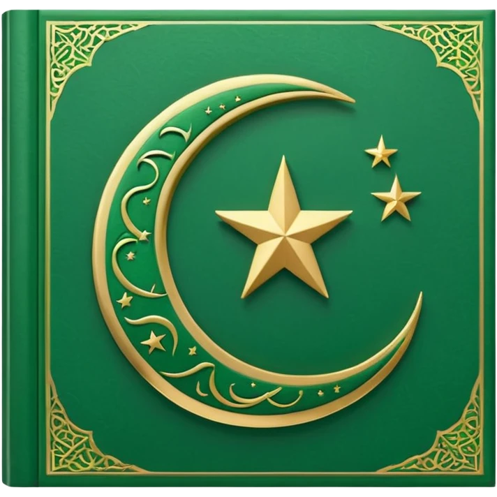 Closed Quran with the Islamic Symbol on it (moon and star) green from left to right emoji
