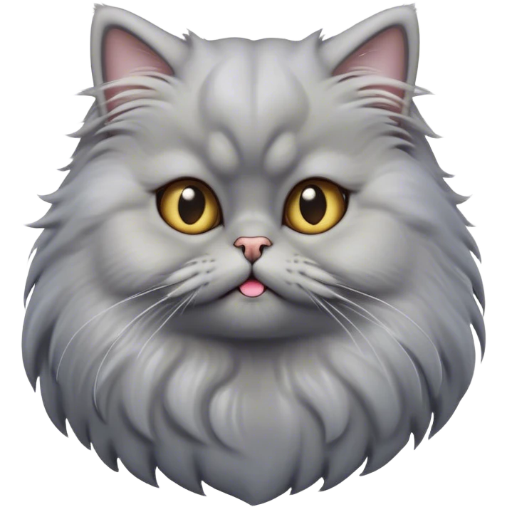 Cinematic Derpy Grey Persian Cat Portrait Emoji, Head tilted playfully with an adorably awkward expression, fluffy grey fur with soft silver undertones, Simplified yet hilariously derpy features, highly detailed, glowing with a warm but slightly confused glow, high shine, a mix of lazy and clueless, stylized with a touch of whimsy, bright but with a completely derpy and grumpy face, soft glowing outline, capturing the essence of a quirky yet chubby, grumpy kitty, so endearing it feels like it could stretch out of the screen and demand attention with its wonderfully derpy charm! emoji
