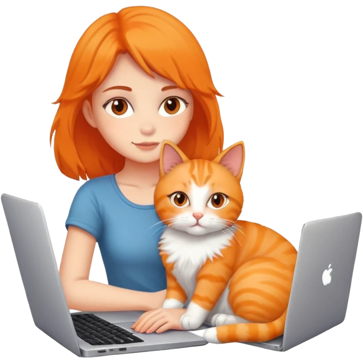 A girl is working on a laptop with a cat lying next to it emoji