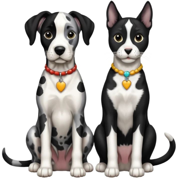 Harlequin great dane dog sitting with a black and white cat emoji