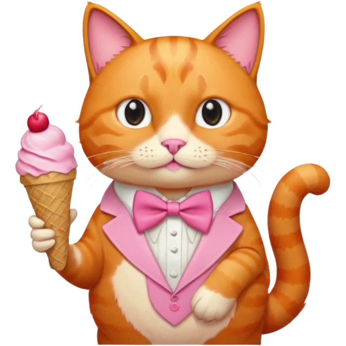 گربه ای نارنجی که لباس و پاپیون صورتی تنشه و بستنی دستشه emoji