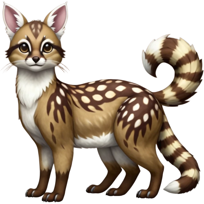 Colorful dark realistic chocolate-brown tropical beige fur glorious divine exotic cute cool beautiful shiny beautiful fantasy-Furret-Eevee-caracal-civet-genet-sergal-vernid-Cacomistle-oncilla-animal-Fakémon-hybrid-fursona with white deer-spots pattern markings (full body) emoji