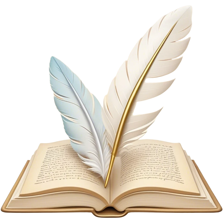 Create a delicate and elegant emoji representing poetry. The design should feature several gracefully flying pages with poetic lines or verses written on them. A white feather quill should be gently resting on one of the pages or floating nearby, symbolizing creativity and inspiration. The pages should look soft and flowing, evoking the fluid nature of poetry. Use a subtle color palette with white, light pastels, and a touch of gold for accents. Make the background transparent. emoji