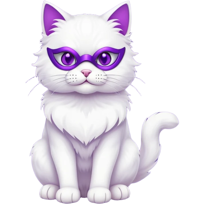 white cat full body sitting with a mask and purple eyes emoji