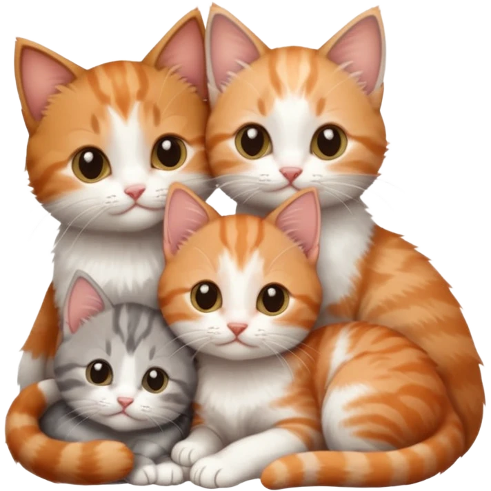 3 tiny kittens cuddling together all different colours, the first one is grey and white, the second is ginger and white and the third is brown tabby and white emoji
