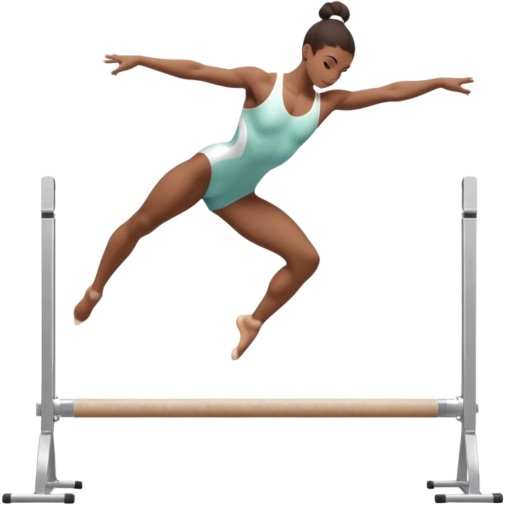 Professional gymnast performing a dynamic routine on parallel bars, captured mid-air in an elegant flip. The background features a well-lit gymnastics arena with a cheering audience. The athlete's posture and expression convey strength, control, and perfect coordination. emoji