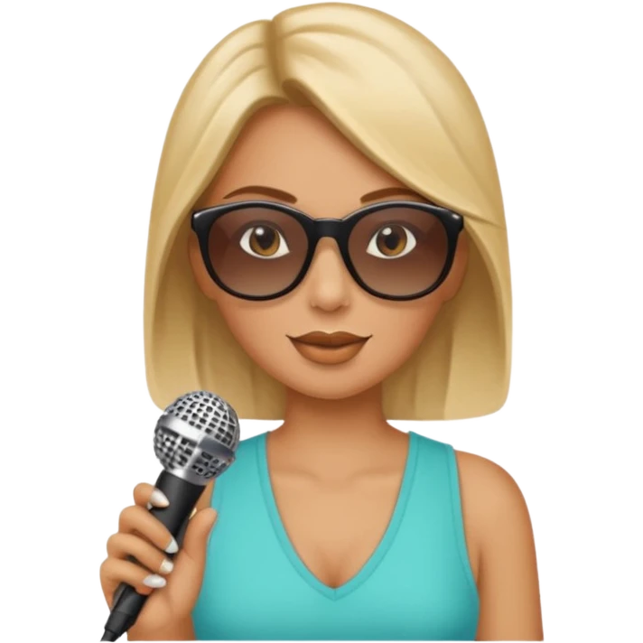 woman with summer clothes and sun glasses holding microphone emoji