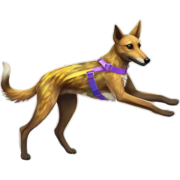  brindle brown black maroon striped lurcher Alsatian fox running blue eyes and iridescent holographic oilslick harness wearing paper iridescent tropical flower crown yellow caution tape emoji