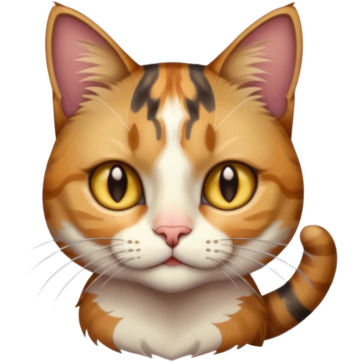 full body anxious looking colourful light calico tabby cat with hazel eyes  and half of face in brown tabby emoji