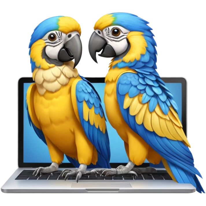 Two yellow and blue macaws using a laptop emoji