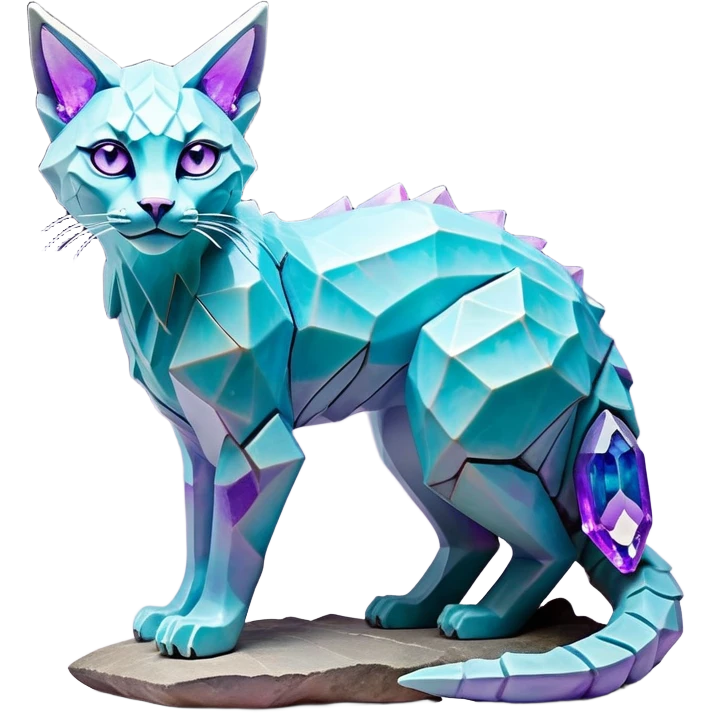 This fascinating hybrid creature combines the rocky ferocity of Boulderbite with the mystical elegance of Etherfeline. The result is a creature with a core body composed of angular, faceted stones in varying shades of turquoise, pink and gray. From the cracks between these stones emanates a soft blue ethereal glow. It has the general shape of a feline, but with crystalline rock formations creating its limbs and body. Its large, expressive eyes feature purple irises with amber outer rings, giving it a hypnotic gaze. The creature sports pointed ears lined with purple crystal formations, and a tuft of blue flame-like energy flows from its head and along its spine. Its tail is a flexible chain of smaller rocks wrapped in the same ethereal blue energy. When it opens its mouth, sharp crystalline teeth are revealed, though its expression is more mysterious than threatening. Small whisker-like energy tendrils extend from its muzzle, occasionally emitting tiny ice crystals. full body emoji