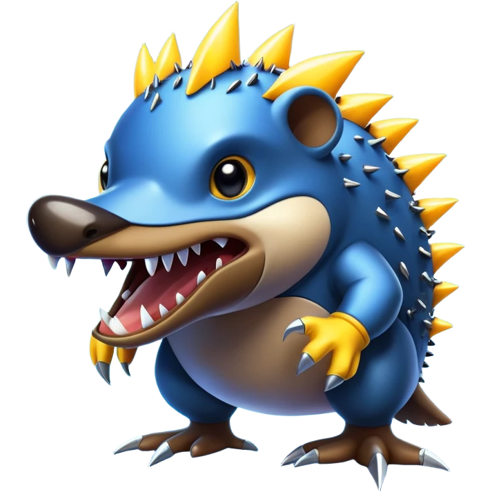 a fantastical dangerous and spooky electric platypus merged with a hedgehog with sharp teeth, metal electric spikes, and strong fangs, electricity and lightning coming, menacing look, yellow and blue lightning bolts emoji