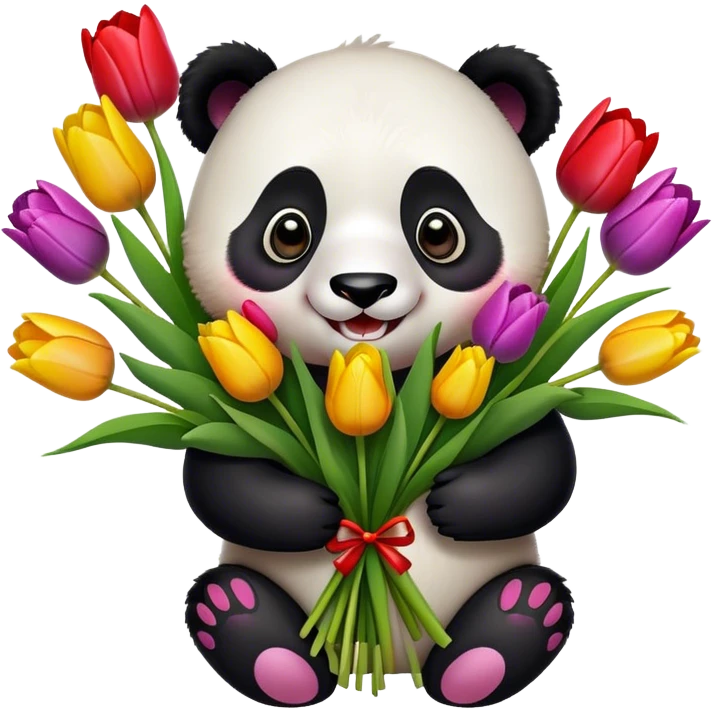 cheerful panda with a bouquet of tulips emoji