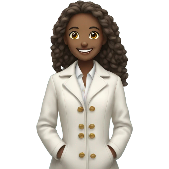 smiling girl by the water with a white blouse and a coat  emoji