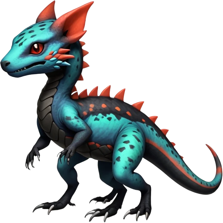 Rare realistic exotic edgy warm-colored dark gothic cool badass epic pretty beautiful handsome gorgeous aesthetic colorful vibrant Vernid-Trico-species-Fakemon-Salandit-hybrid-creature by LiLaiRa, 4 legs, 1 tail, random markings, (full body) emoji