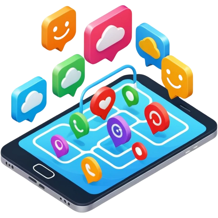 isometric, image of multi-channel experience with Teams, Mobile, Chat, Portal emoji