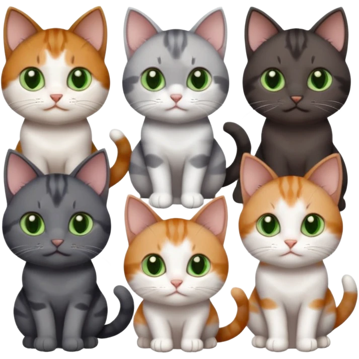 6 different coloured small cats including a dark grey and white, and a patchy calico, and a brown tabby and white,  and a completely solid dark grey with green eyes and only white paws emoji