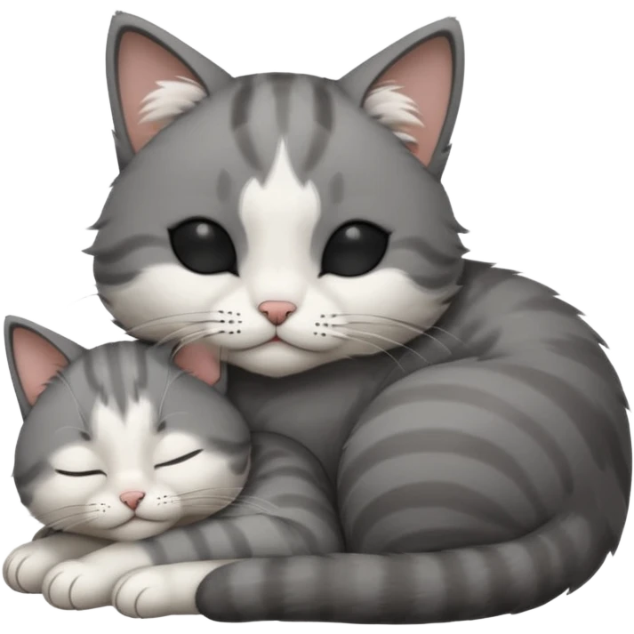 dark grey and white small cat with closed eyes, leaning his head on his paw while leaning on his elbow lying down emoji
