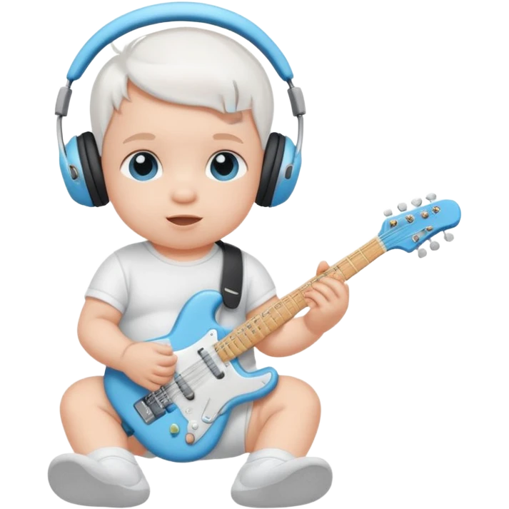 a cute baby in a white diaper and air pod maxes playing a baby blue electric guitar emoji
