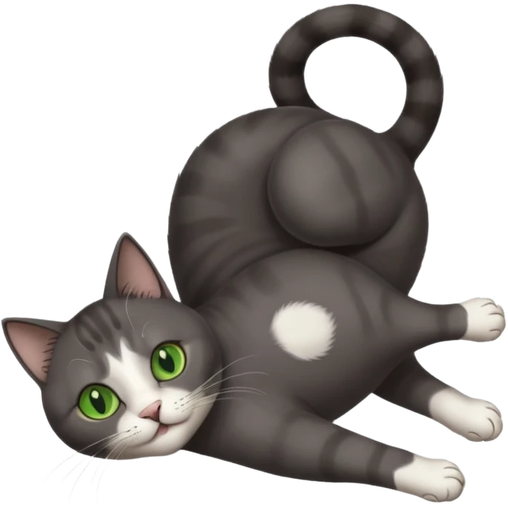 dark grey cat with green eyes, white toes/paws and white patch on her chest playfully rolling upside down emoji