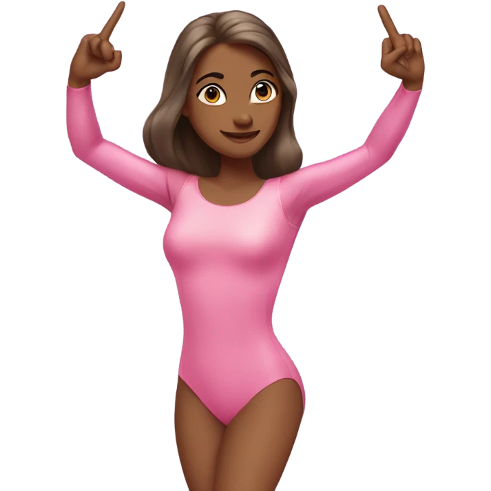 Woman with long brow hair in a pink glossy leotard doing a pease sign emoji