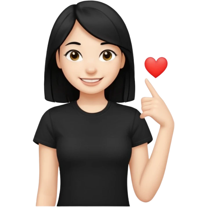a pretty bratz fair girl with straight black hair, wearing a black tshirt, smiling emoji
