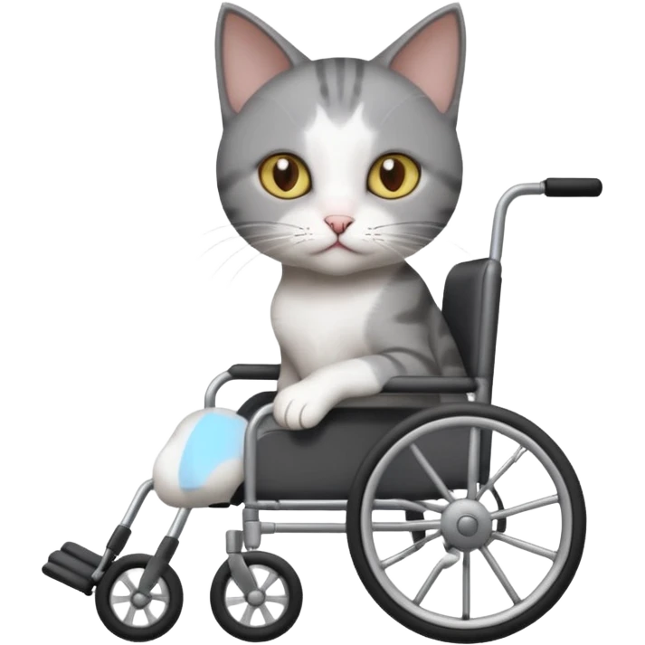 full body small short hair dark grey and white cat with hazel eyes walking in a wheelchair for cats emoji