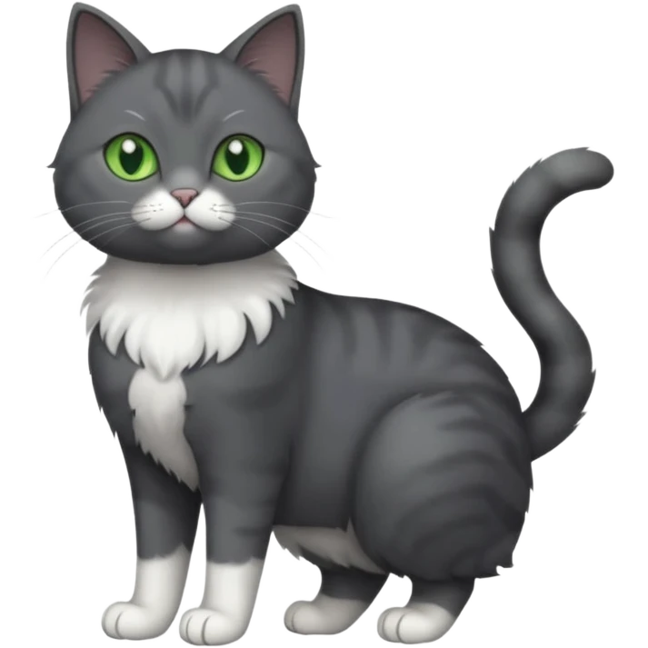 full body view of beautiful female solid dark grey cat with green eyes, white toes/paws and white patch on her chest emoji