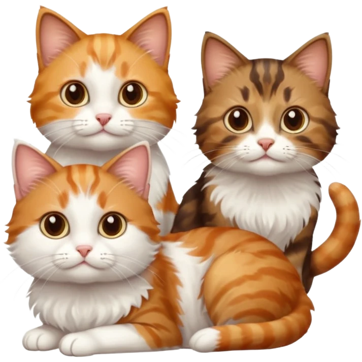 3 small cats different colours including brown tabby and white, light patchy calico, and ginger and white emoji