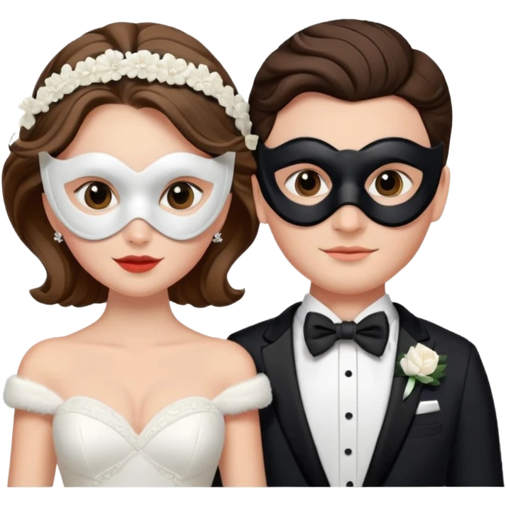 a recently marries couple skiing, masks on in wedding dress and tux emoji