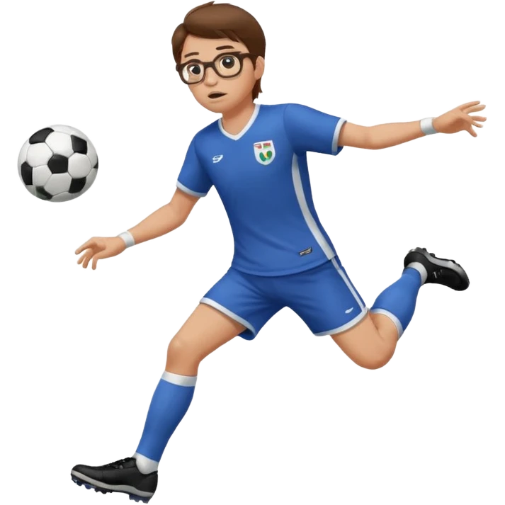 Fat sad guy with brown hair and glasses kicking a ball emoji
