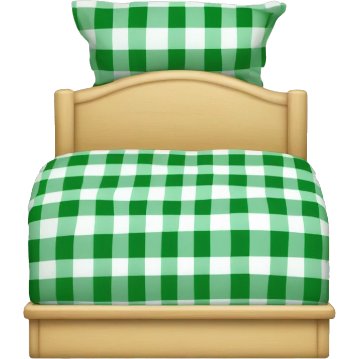 light wooden bed with green gingham beddings and a rectangular headboard emoji