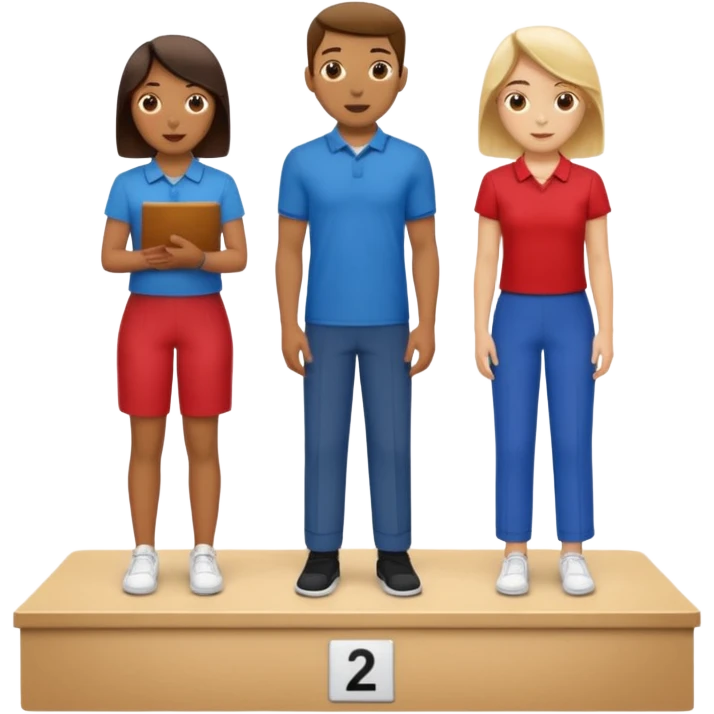 show people on podium in first, second and third place.  The podium should be labled 2, 1, 3.  The middle position should only have the number 1.  the people should be dressed causally in regular clothes emoji