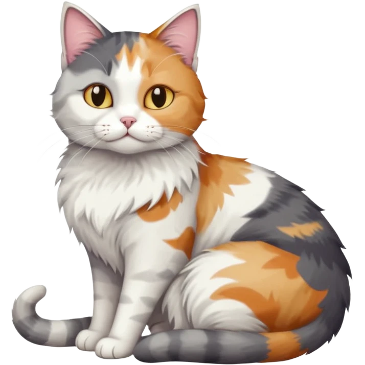 full body colourful light patched calico + white tabby cat cuddling a large grey and white cat  emoji