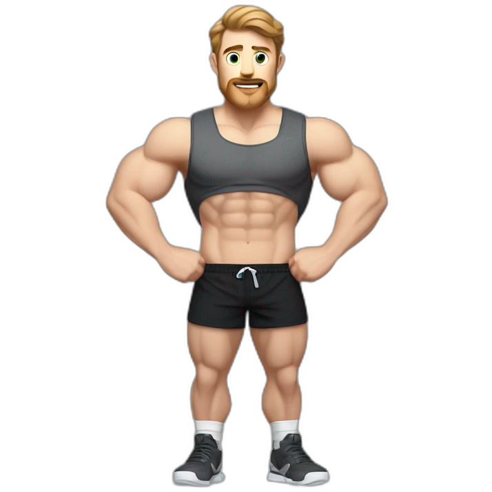 Close up Actively gesturing  with hands Pale skinned Fit Man With the biceps and brown hair in dark gray Sleeveless Mike, black oversize sports shorts, watch and white Sneakers emoji