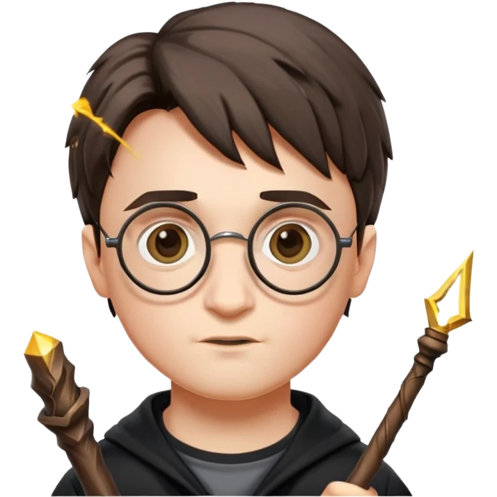 Harry Potter with round glasses, lightning scar, and wand emoji