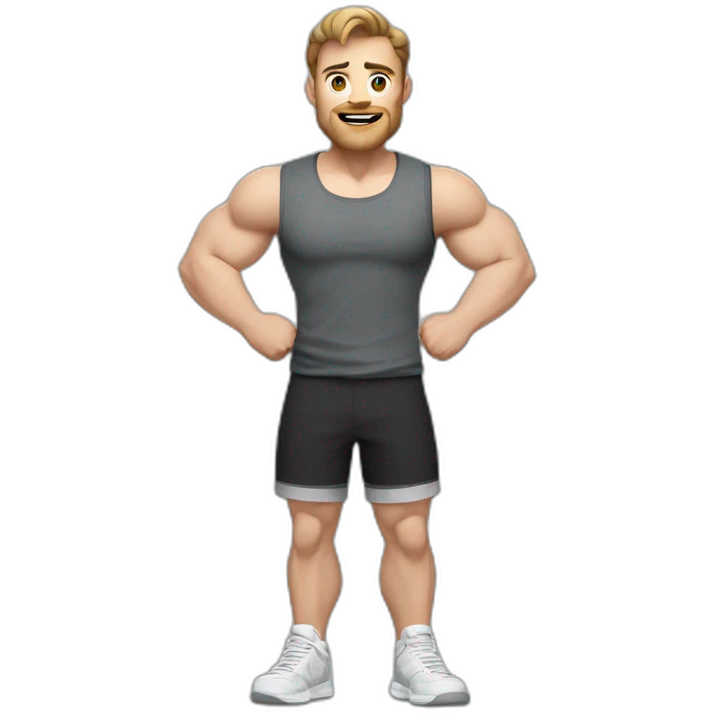 Close up Actively gesturing  with hands Pale skinned Fit Man With the biceps and brown hair in dark gray Sleeveless Mike, black oversize sports shorts, watch and white Sneakers emoji