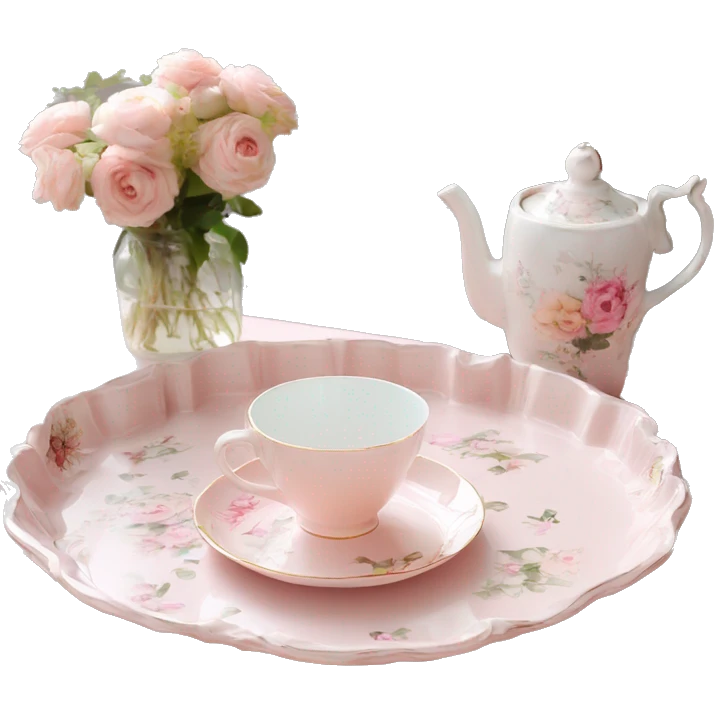 Light pink glass serving tray with handles, shabby chic style with floral print, with porcelain tea set on it emoji