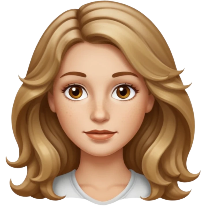 long dark Blond with highlights wavy hair white women, oval shape face hazel eyes long lashes little bit of freckles on the nose high cheek bones emoji