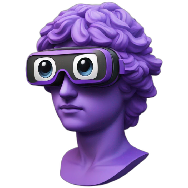 an EMOJI OF A ancient young greek statue, wearing VR headset, purple colors, DIGITAL UNIVERSE emoji