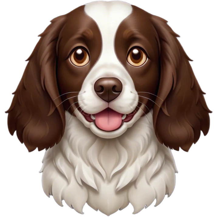 Cinematic Comical Springer Spaniel Portrait Emoji, Head tilted dramatically with an exaggeratedly amused expression, featuring a striking liver and white Fur with dynamic patterns, wide, expressive brown eyes filled with playful disbelief, Simplified yet hilariously expressive features, highly detailed, glowing with a slightly sassy glow, high shine, dramatic yet playful, stylized with an air of cheeky mischief, bright and endearing, soft glowing outline, capturing the essence of a spirited and over-the-top companion, so meme-worthy it feels like it could side-eye its way into internet fame instantly! emoji
