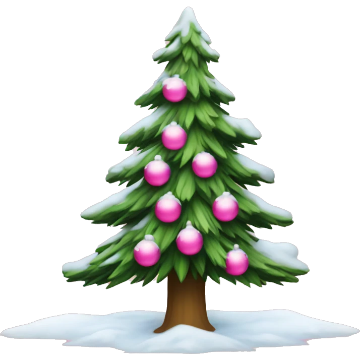 a pine christmas tree covered in snow with pink ornaments emoji