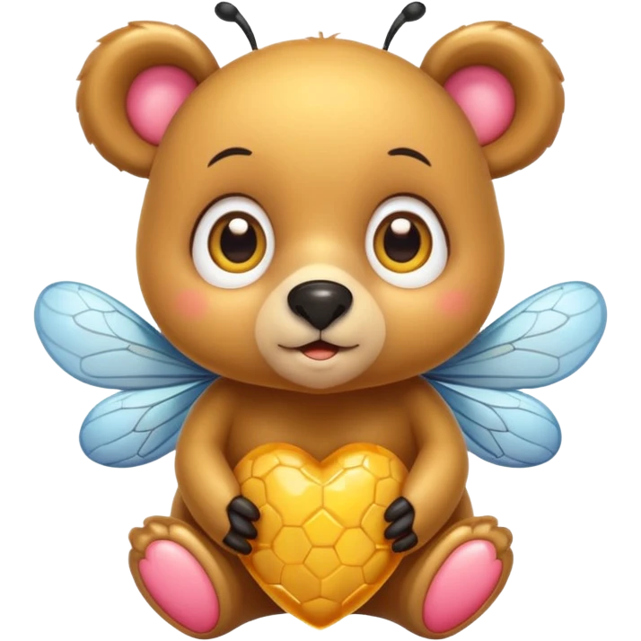 a cute bear with honey and bee and hearts, with big eyes emoji