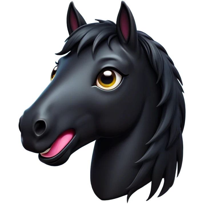 Cinematic Comical Black Horse Portrait Emoji, Head tilted dramatically with an exaggeratedly amused expression, featuring a striking jet-black fur with a glossy finish and wide, expressive dark eyes filled with playful disbelief, Simplified yet hilariously expressive features, highly detailed, glowing with a slightly sassy glow, high shine, dramatic yet playful, stylized with an air of cheeky mischief, bright and endearing, soft glowing outline, capturing the essence of a spirited and over-the-top horse, so meme-worthy it feels like it could side-eye its way into internet fame instantly! emoji