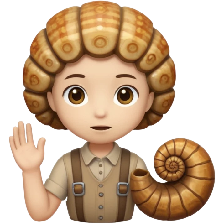 Shelly has a small, chibi-style body with a large ammonite-shaped head that looks like a beige fossil shell. One side of her head has a dark opening, making it clear she isn’t human. Her face is simple and soft, with big round eyes. She wears a brown suspender outfit over a lighter shirt emoji