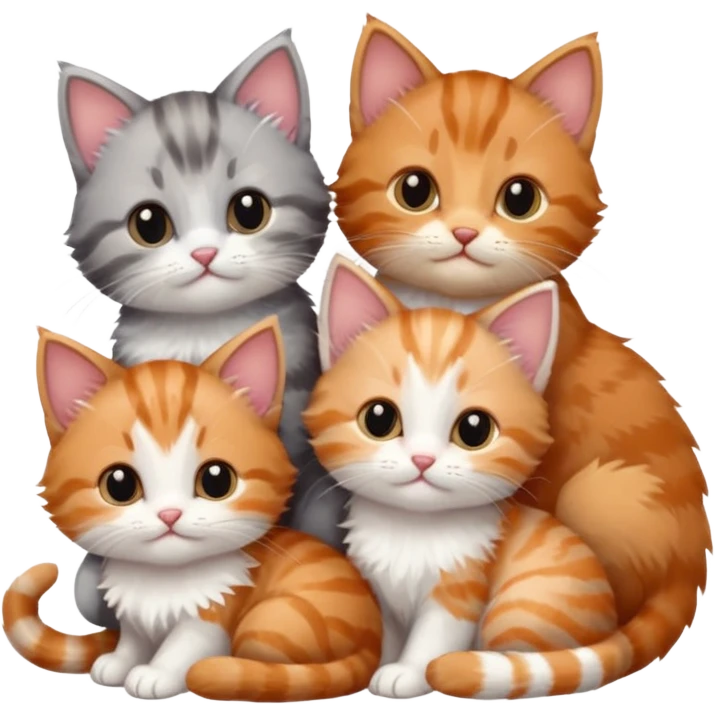 6 tiny kittens cuddling together all different colours, the first one is grey and white, the second is ginger and white and the third is brown tabby and white emoji