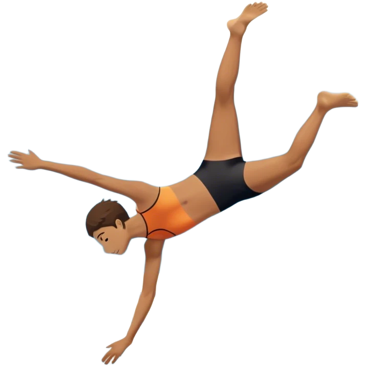 A person mid-air after jumping off a diving board, body slightly tense but moving forward. Below them, a pool labeled "Confidence", with ripples forming. A subtle 5-4-3-2-1 on the diving board shows they took the leap despite fear. emoji