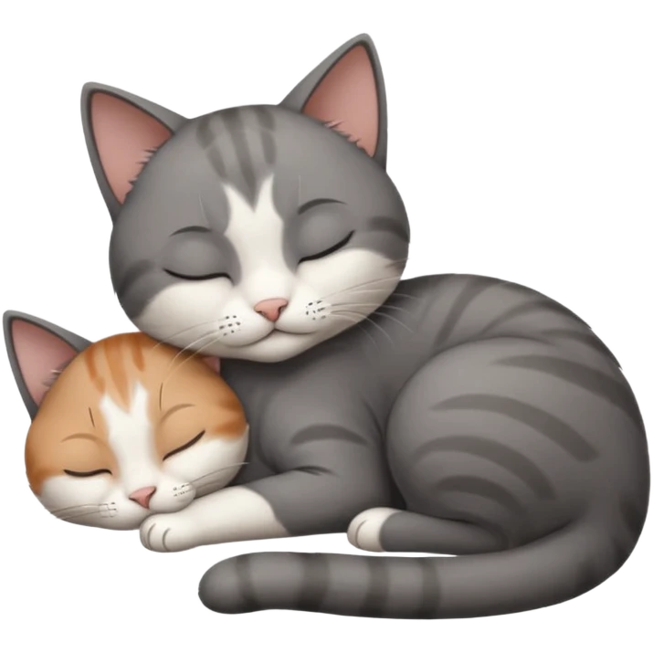 dark grey and white small cat with closed eyes, leaning his head on his paw while leaning on his elbow lying down emoji