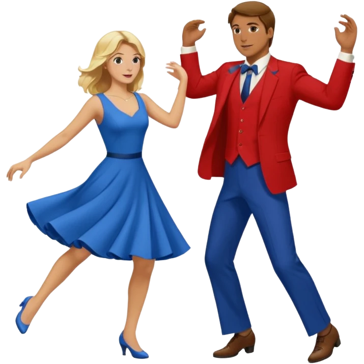 Two people. Man wearing all  RED with brown hair. Women  ALL blue with blond hair. Swing Dancing.  emoji